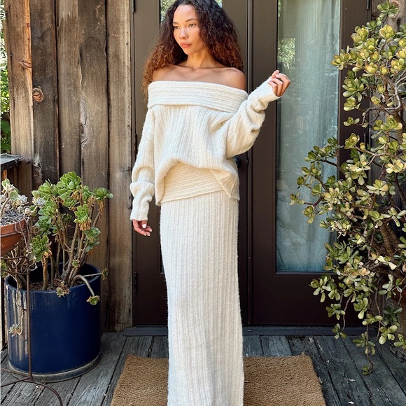 Pamela Beige Sweater Maxi Skirt and Off-Shoulder Sweater Set - Picture 1 of 3